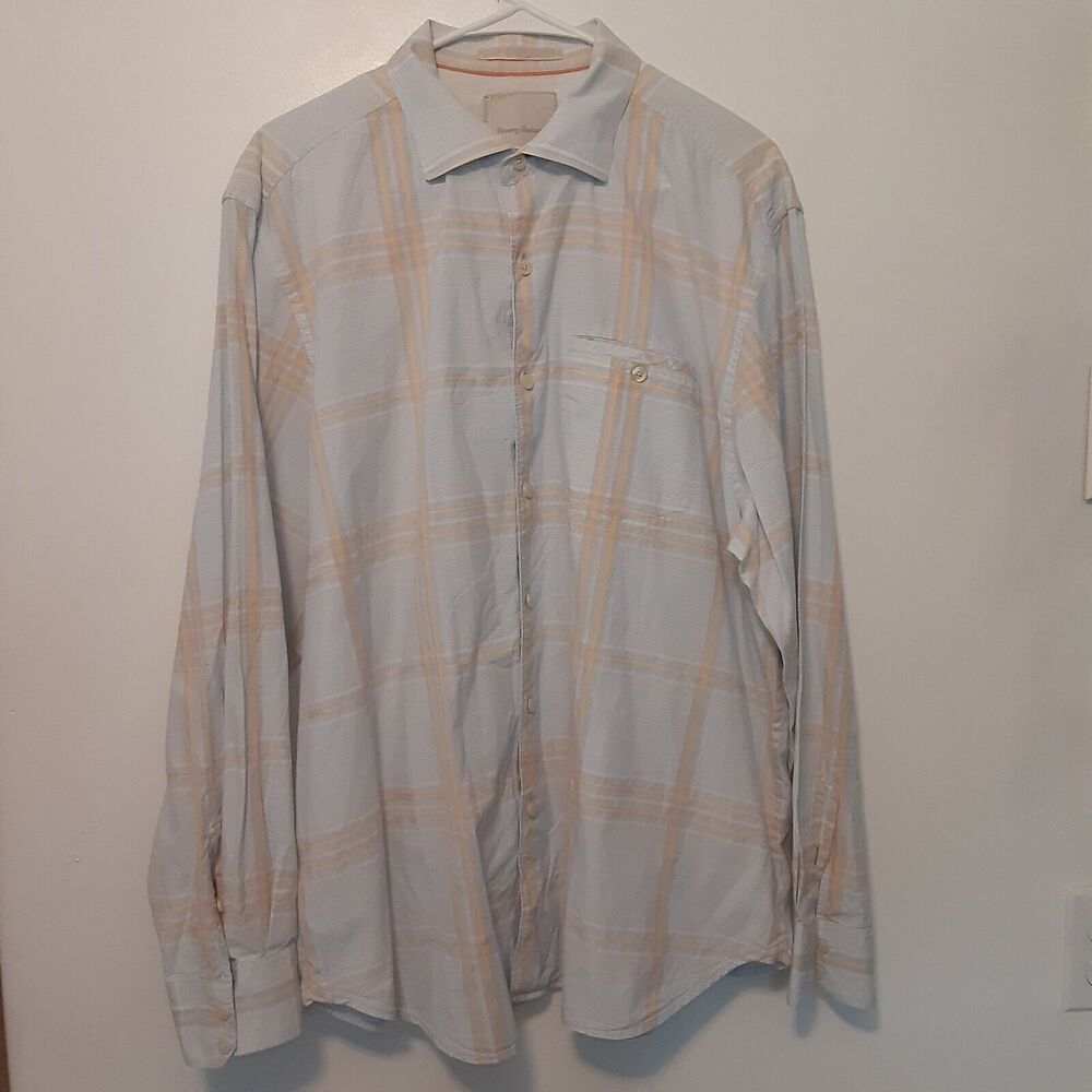 Tommy Bahama Button Up Shirt XL Blue Yellow Plaid Long Sleeve Button Up